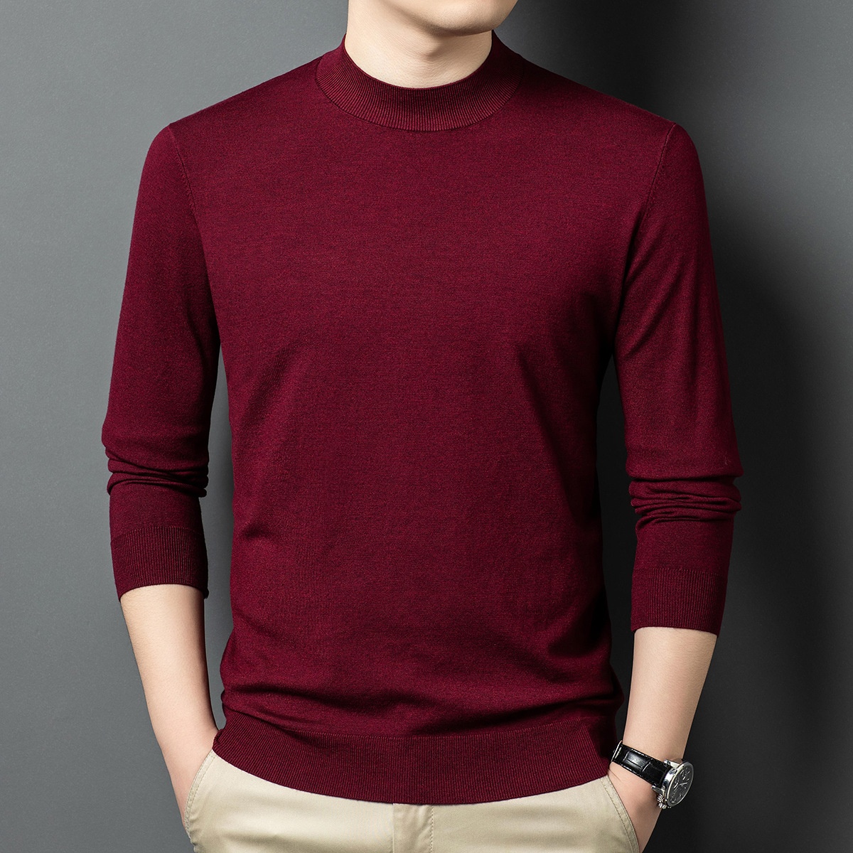 Men's Mock Neck Fine Knit Long Sleeve Pullover
