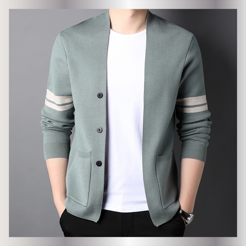 Men's Button Front Stripe Sleeve Knit Cardigan Sweater