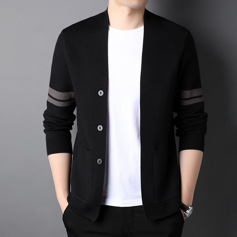 Men's Button Front Stripe Sleeve Knit Cardigan Sweater