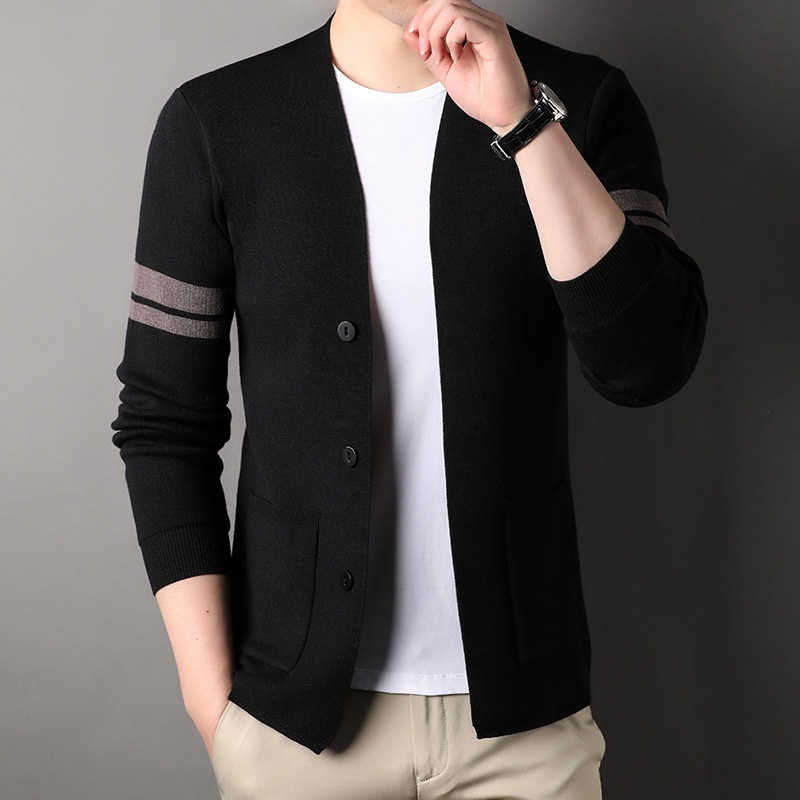Men's Button Front Stripe Sleeve Knit Cardigan Sweater