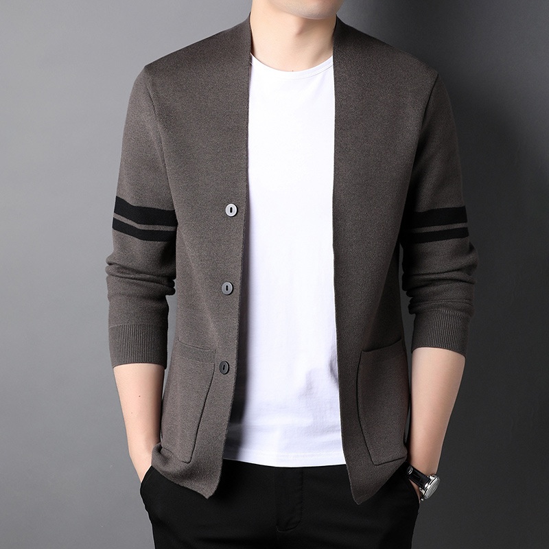 Men's Button Front Stripe Sleeve Knit Cardigan Sweater