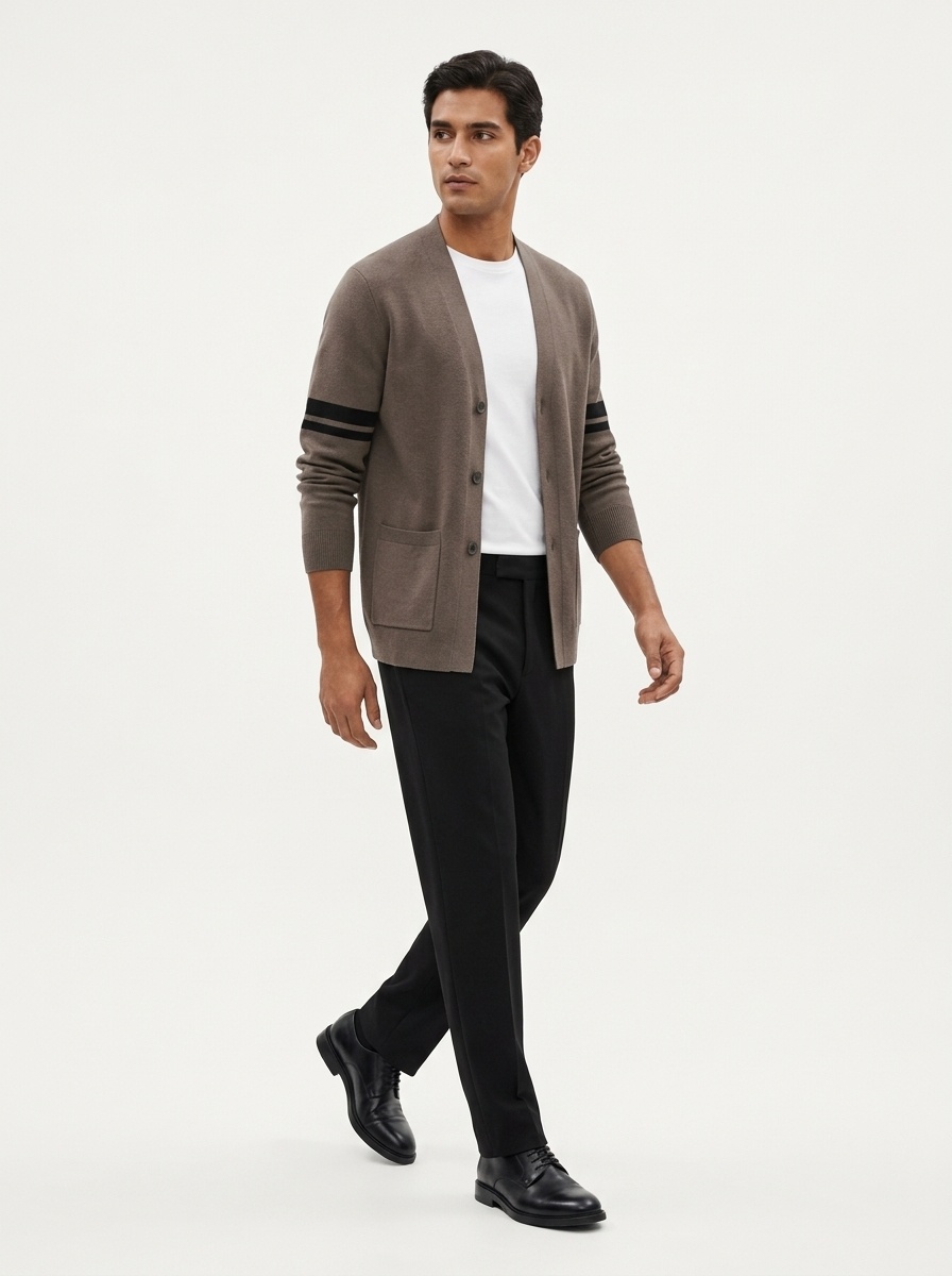 Men's Button Front Stripe Sleeve Knit Cardigan Sweater