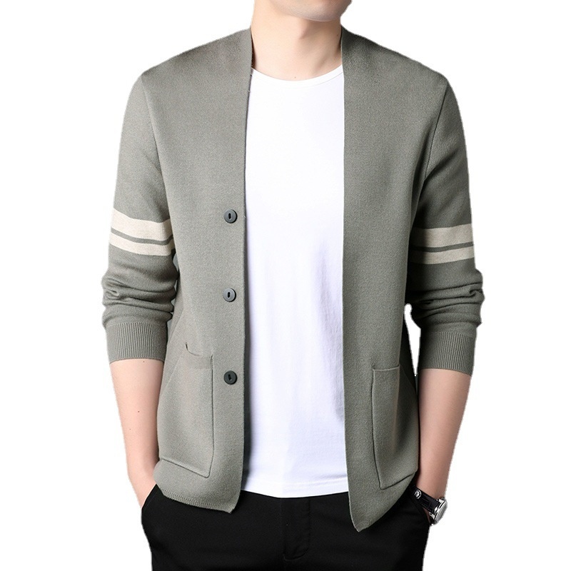 Men's Button Front Stripe Sleeve Knit Cardigan Sweater