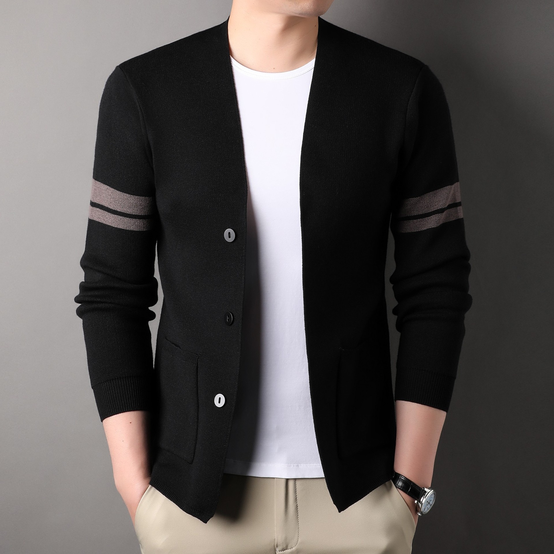 Men's Button Front Stripe Sleeve Knit Cardigan Sweater