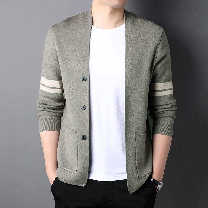 Men's Button Front Stripe Sleeve Knit Cardigan Sweater