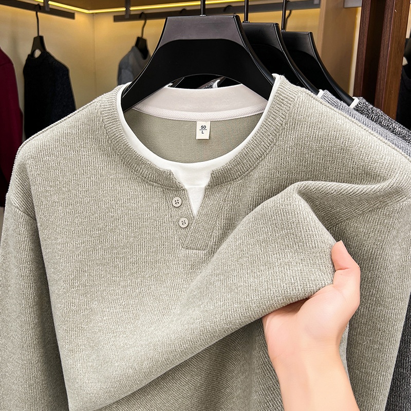 Men's Layered Henley Long Sleeve Knit Pullover Sweater