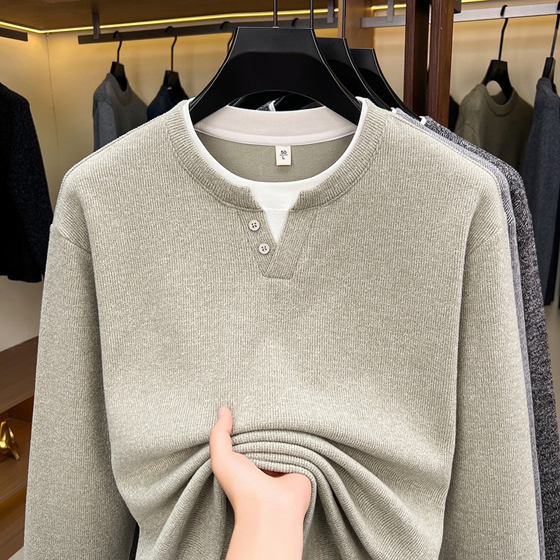 Men's Layered Henley Long Sleeve Knit Pullover Sweater