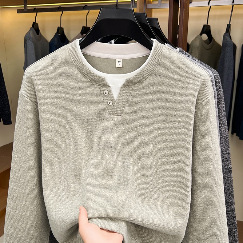 Men's Layered Henley Long Sleeve Knit Pullover Sweater