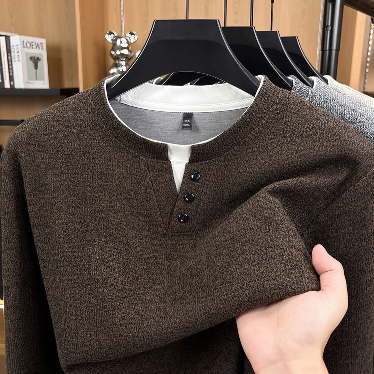 Men's Layered Henley Long Sleeve Knit Pullover Sweater