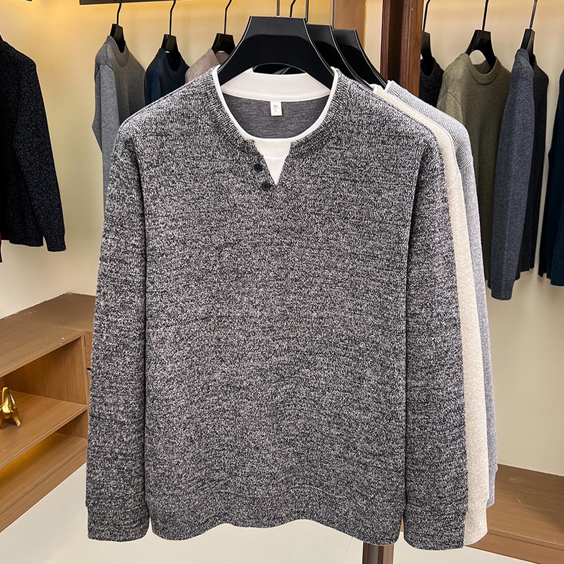 Men's Layered Henley Long Sleeve Knit Pullover Sweater