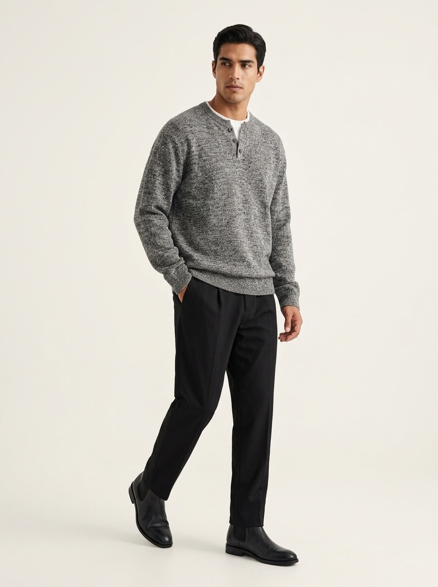 Men's Layered Henley Long Sleeve Knit Pullover Sweater