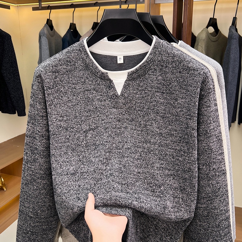 Men's Layered Henley Long Sleeve Knit Pullover Sweater