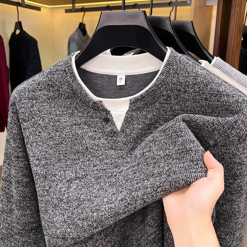 Men's Layered Henley Long Sleeve Knit Pullover Sweater