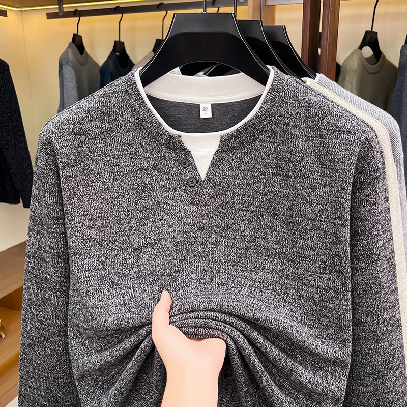 Men's Layered Henley Long Sleeve Knit Pullover Sweater