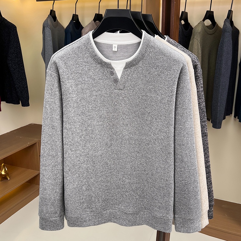 Men's Layered Henley Long Sleeve Knit Pullover Sweater