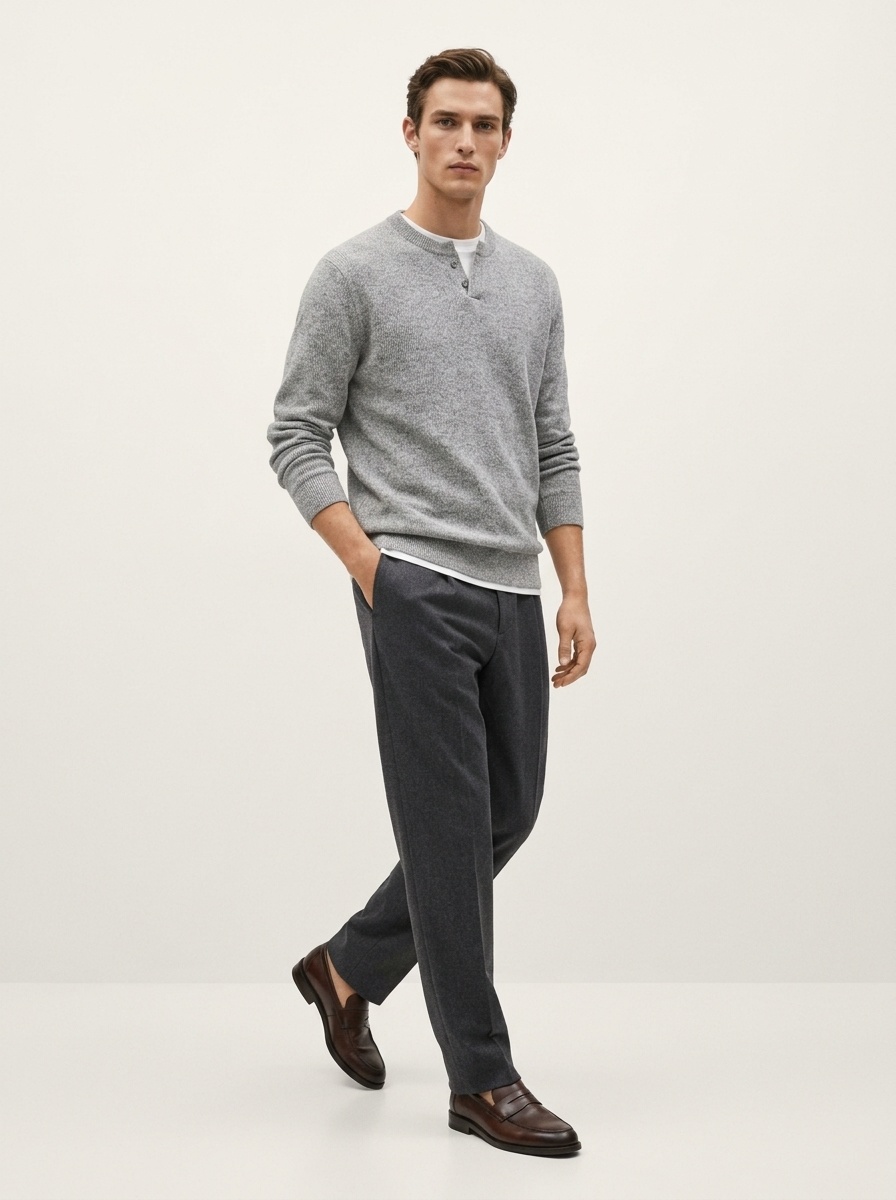 Men's Layered Henley Long Sleeve Knit Pullover Sweater