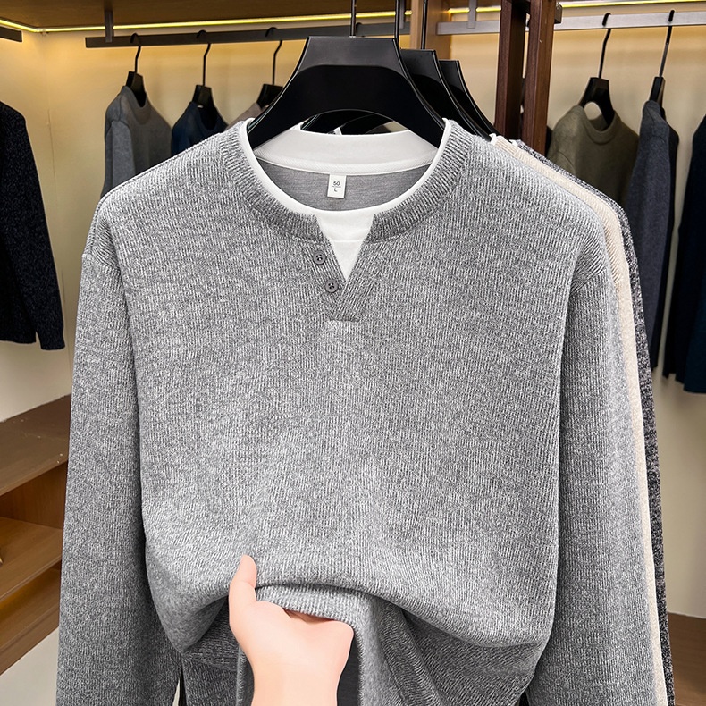 Men's Layered Henley Long Sleeve Knit Pullover Sweater