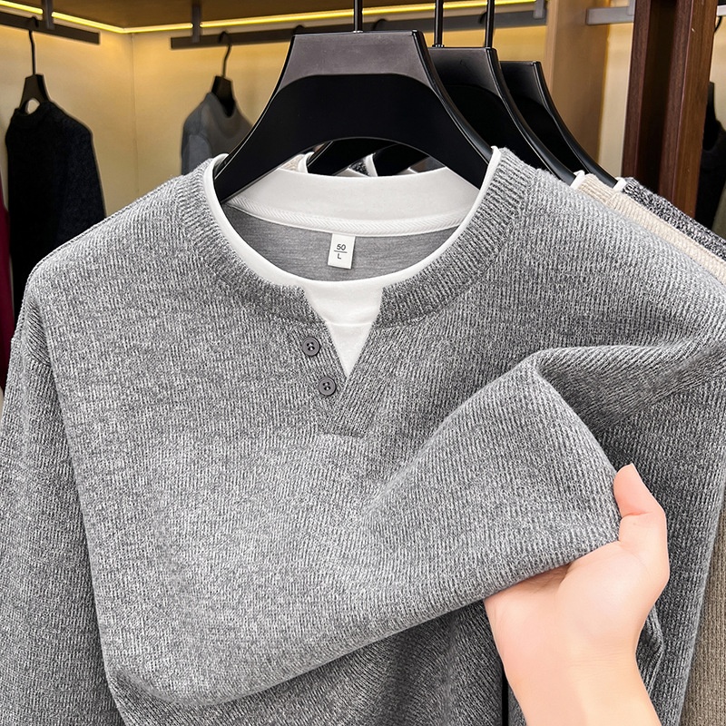 Men's Layered Henley Long Sleeve Knit Pullover Sweater