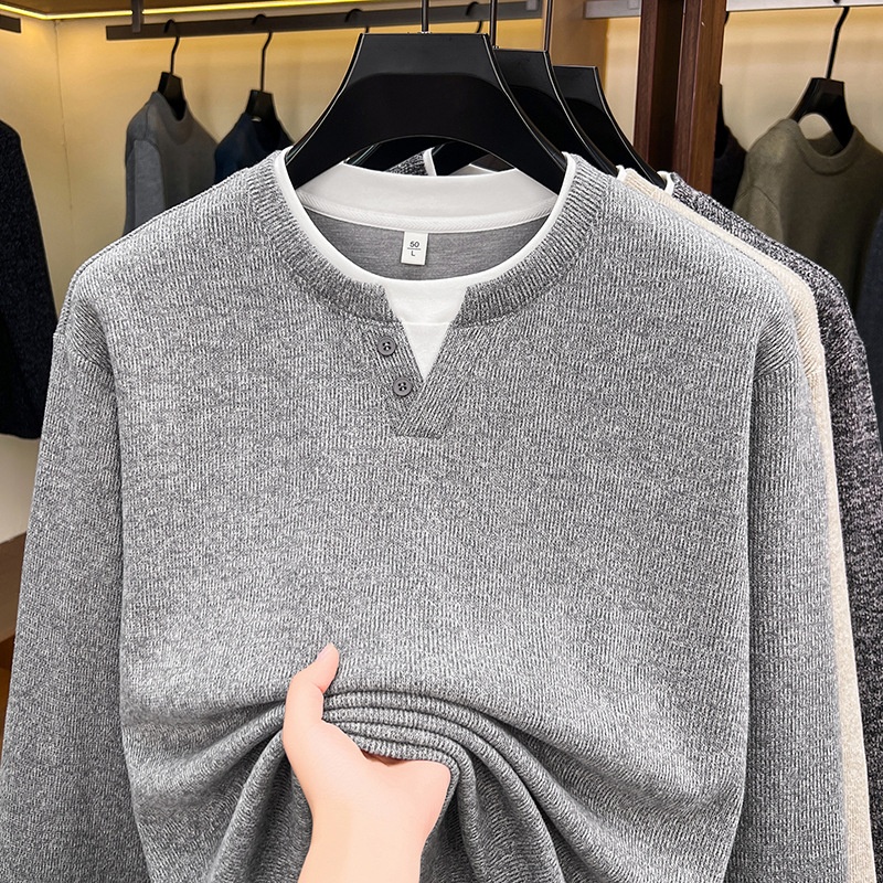 Men's Layered Henley Long Sleeve Knit Pullover Sweater