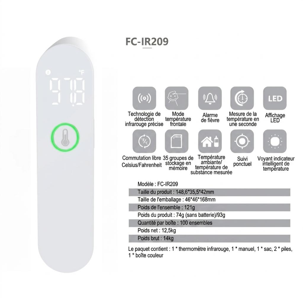 Thermomètre frontal infrarouge portable sans contact avec écran LED et capteur à point lumineux