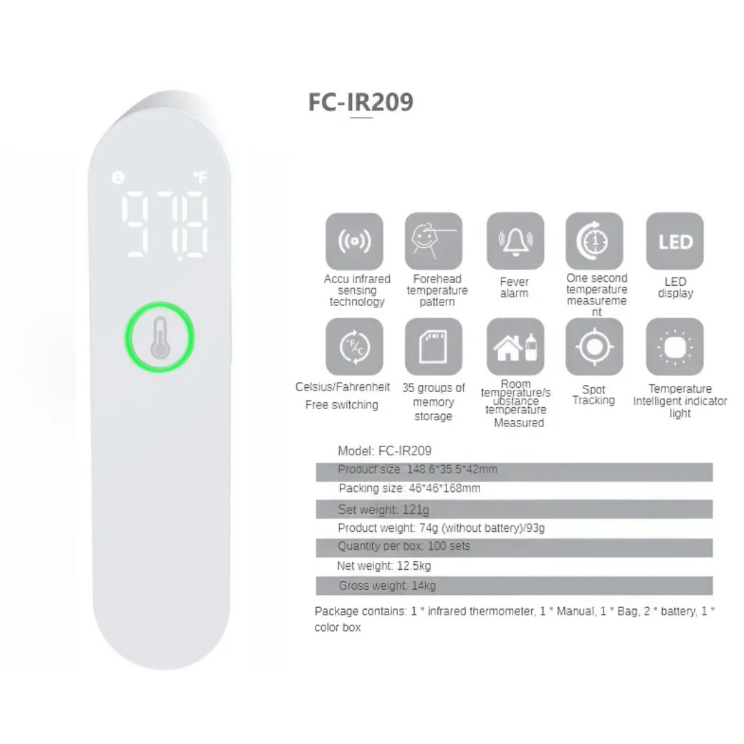 Contactloze infrarood voorhoofdthermometer met LED-scherm en lichtpuntsensor
