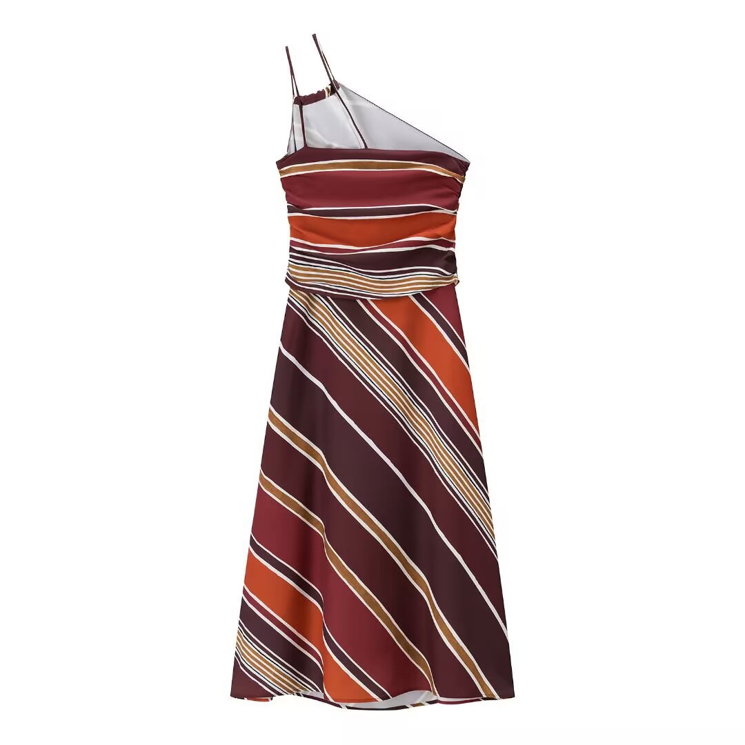 Striped Midi Dress Asymmetrical Elegant KUN-00074