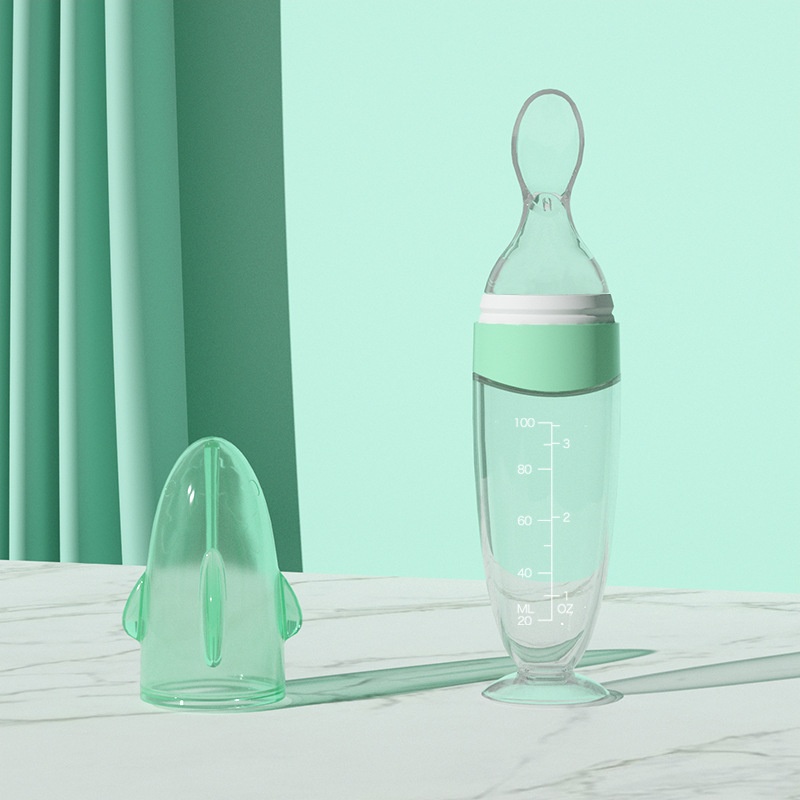 MISUTA Biberon con cucchiaio dosatore per alimenti per neonati, 100 ml, in morbido silicone, con coperchio antipolvere, senza BPA.