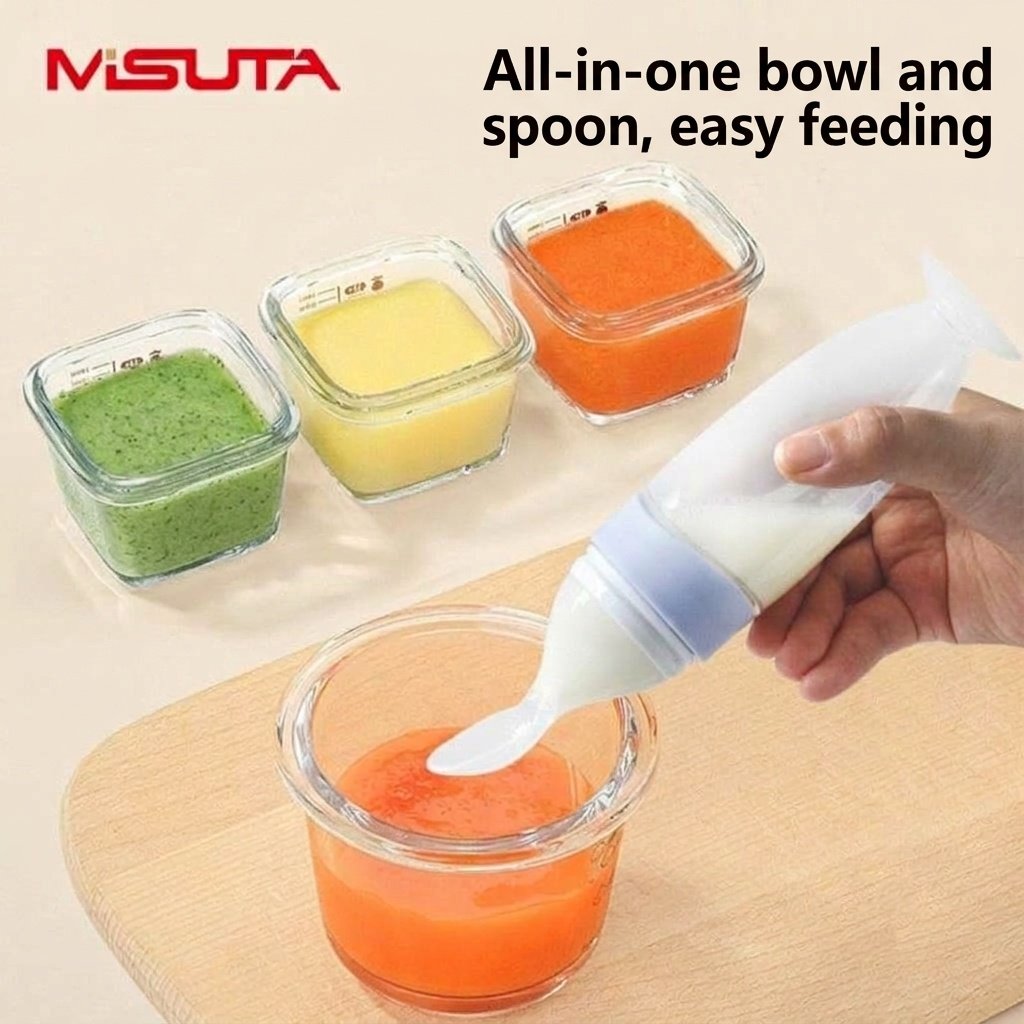MISUTA Biberon con cucchiaio dosatore per alimenti per neonati, 100 ml, in morbido silicone, con coperchio antipolvere, senza BPA.