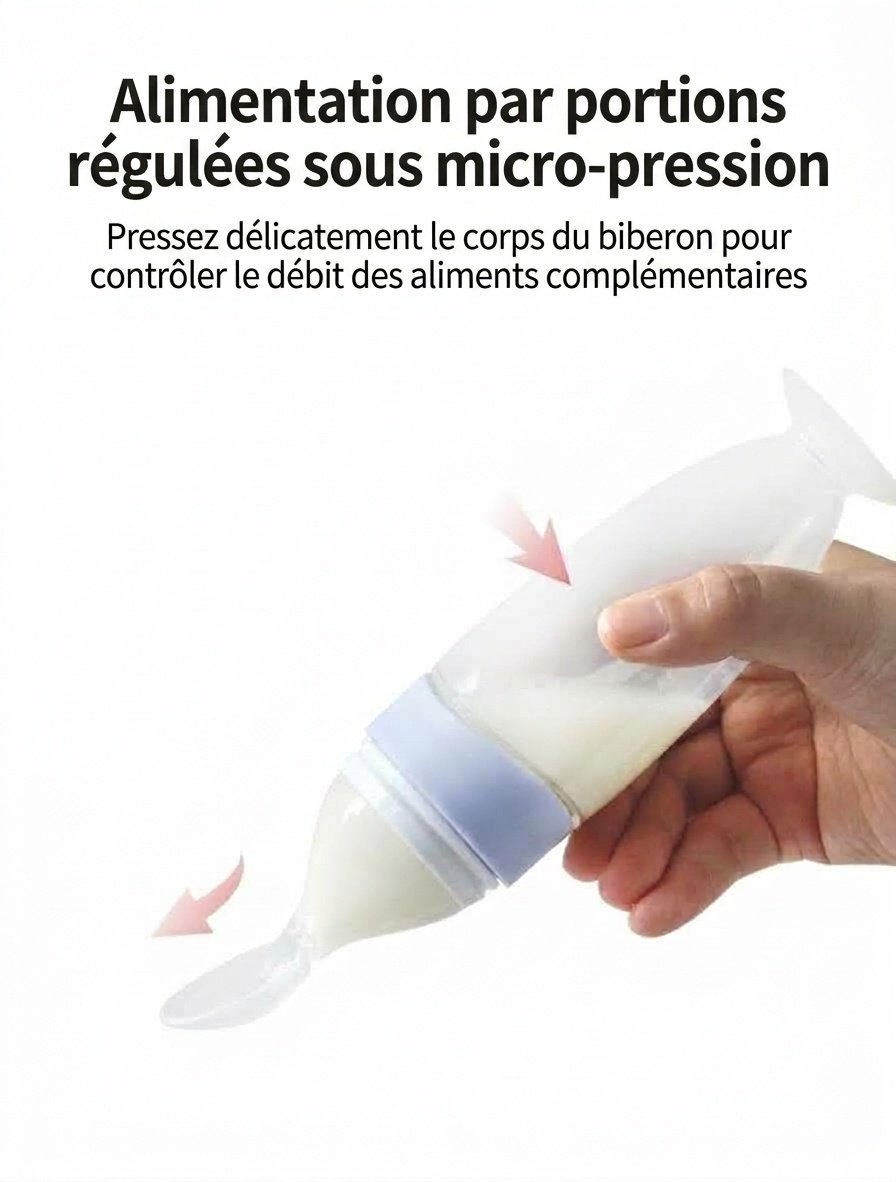 Biberon-cuillère doseuse MISUTA pour aliments pour bébés, 100 ml, en silicone souple, avec couvercle anti-poussière, sans BPA.