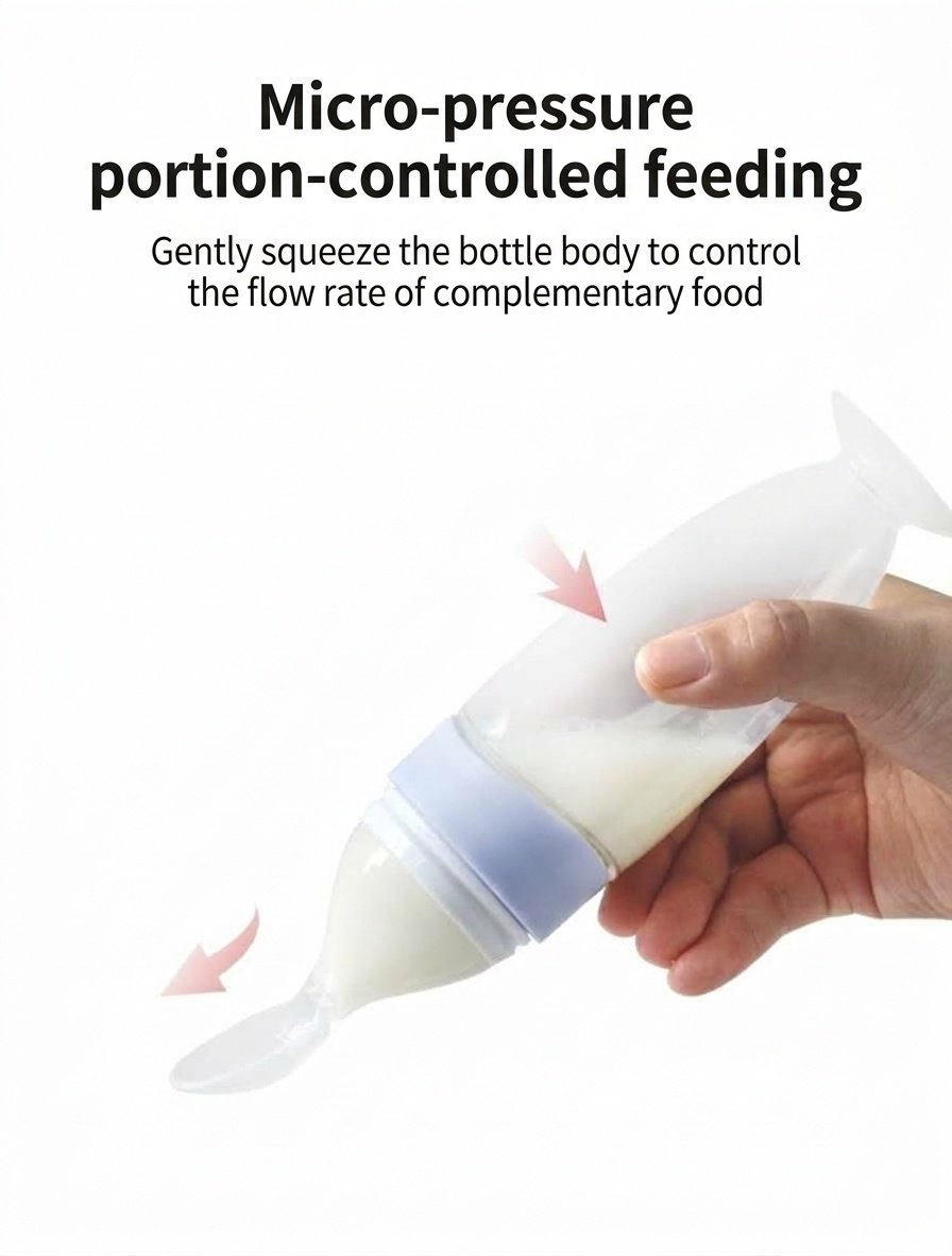 MISUTA Biberon con cucchiaio dosatore per alimenti per neonati, 100 ml, in morbido silicone, con coperchio antipolvere, senza BPA.
