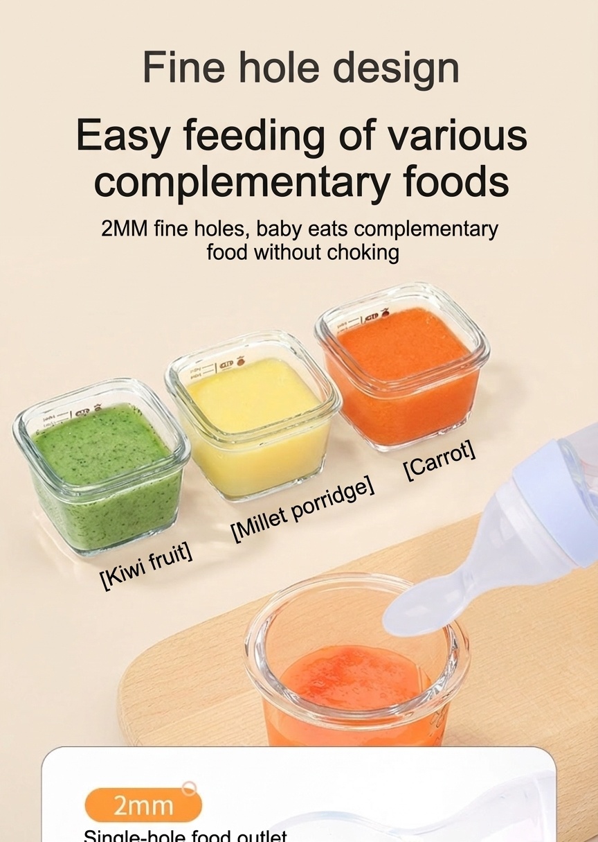 MISUTA Biberon con cucchiaio dosatore per alimenti per neonati, 100 ml, in morbido silicone, con coperchio antipolvere, senza BPA.