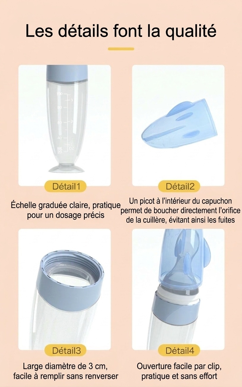 Biberon-cuillère doseuse MISUTA pour aliments pour bébés, 100 ml, en silicone souple, avec couvercle anti-poussière, sans BPA.