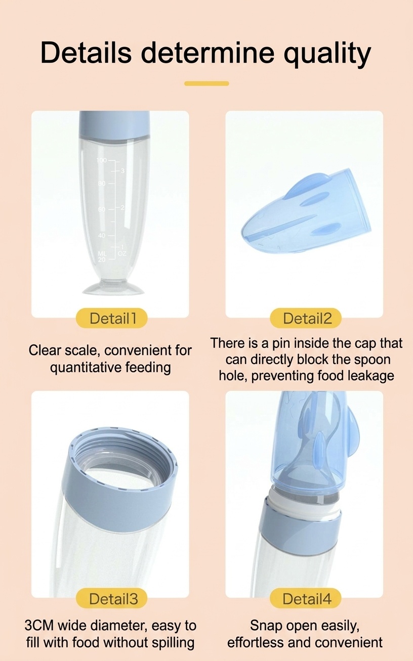 MISUTA Biberon con cucchiaio dosatore per alimenti per neonati, 100 ml, in morbido silicone, con coperchio antipolvere, senza BPA.