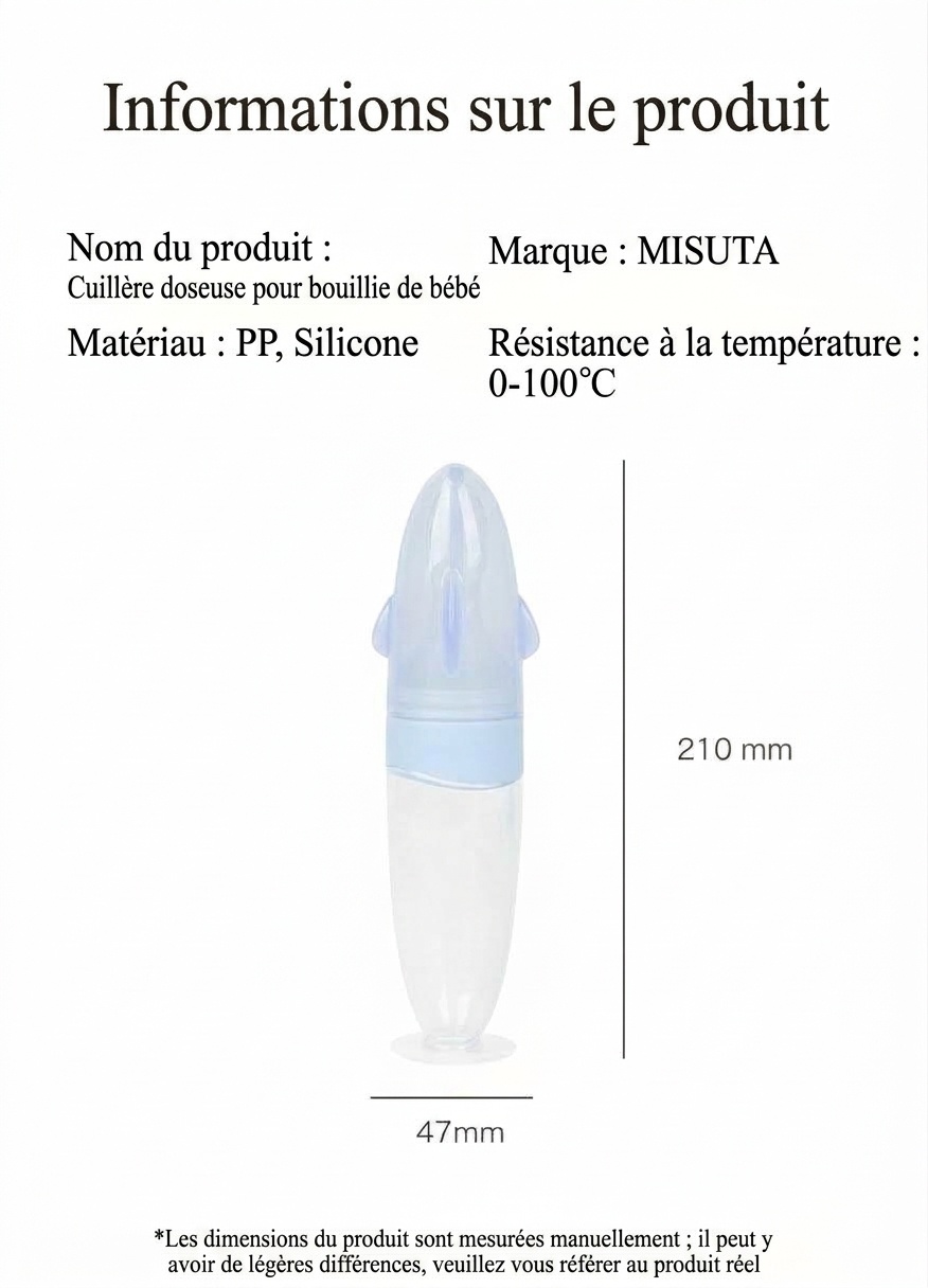 Biberon-cuillère doseuse MISUTA pour aliments pour bébés, 100 ml, en silicone souple, avec couvercle anti-poussière, sans BPA.