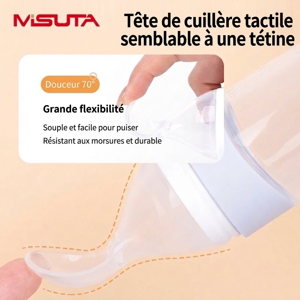 Biberon-cuillère doseuse MISUTA pour aliments pour bébés, 100 ml, en silicone souple, avec couvercle anti-poussière, sans BPA.
