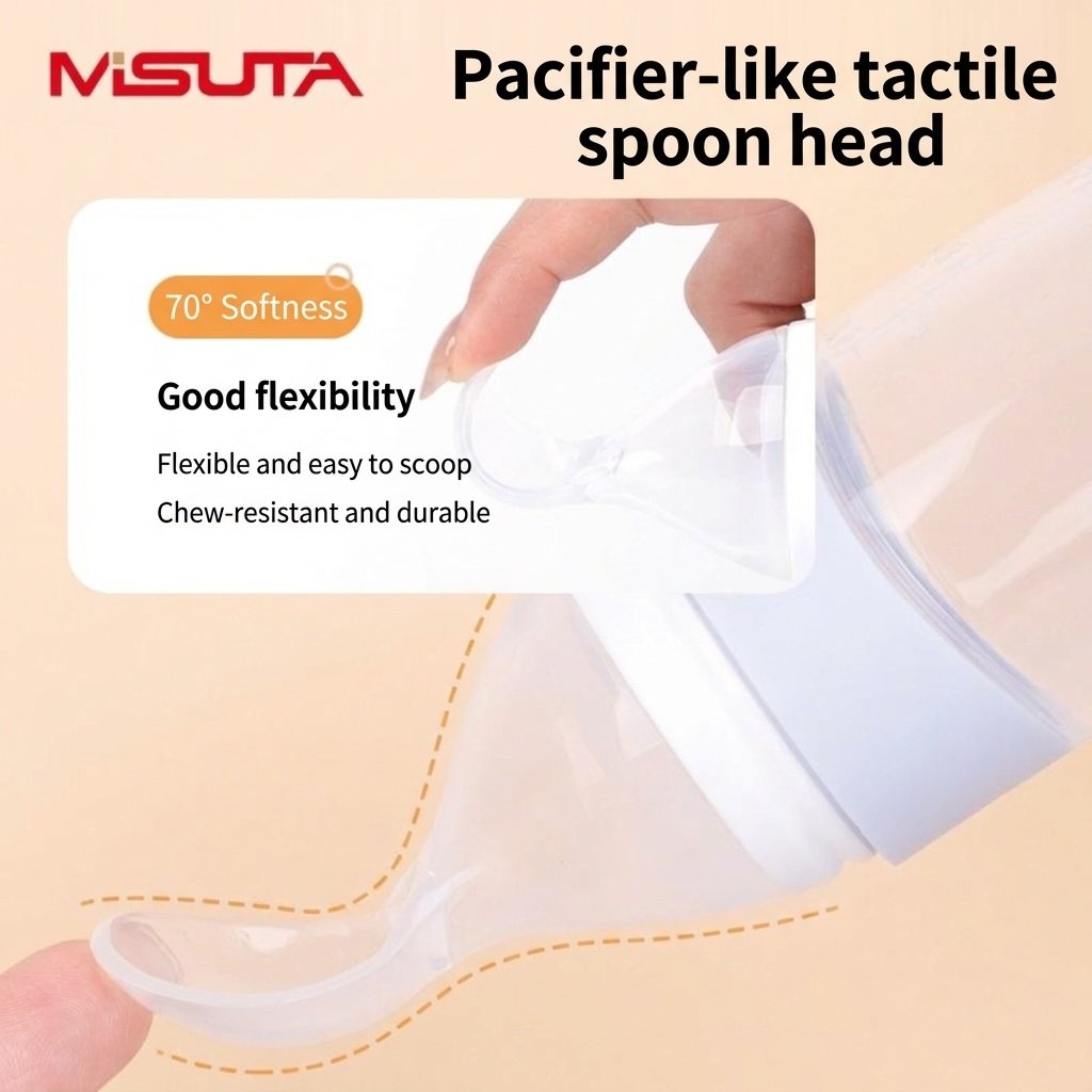 MISUTA Biberon con cucchiaio dosatore per alimenti per neonati, 100 ml, in morbido silicone, con coperchio antipolvere, senza BPA.