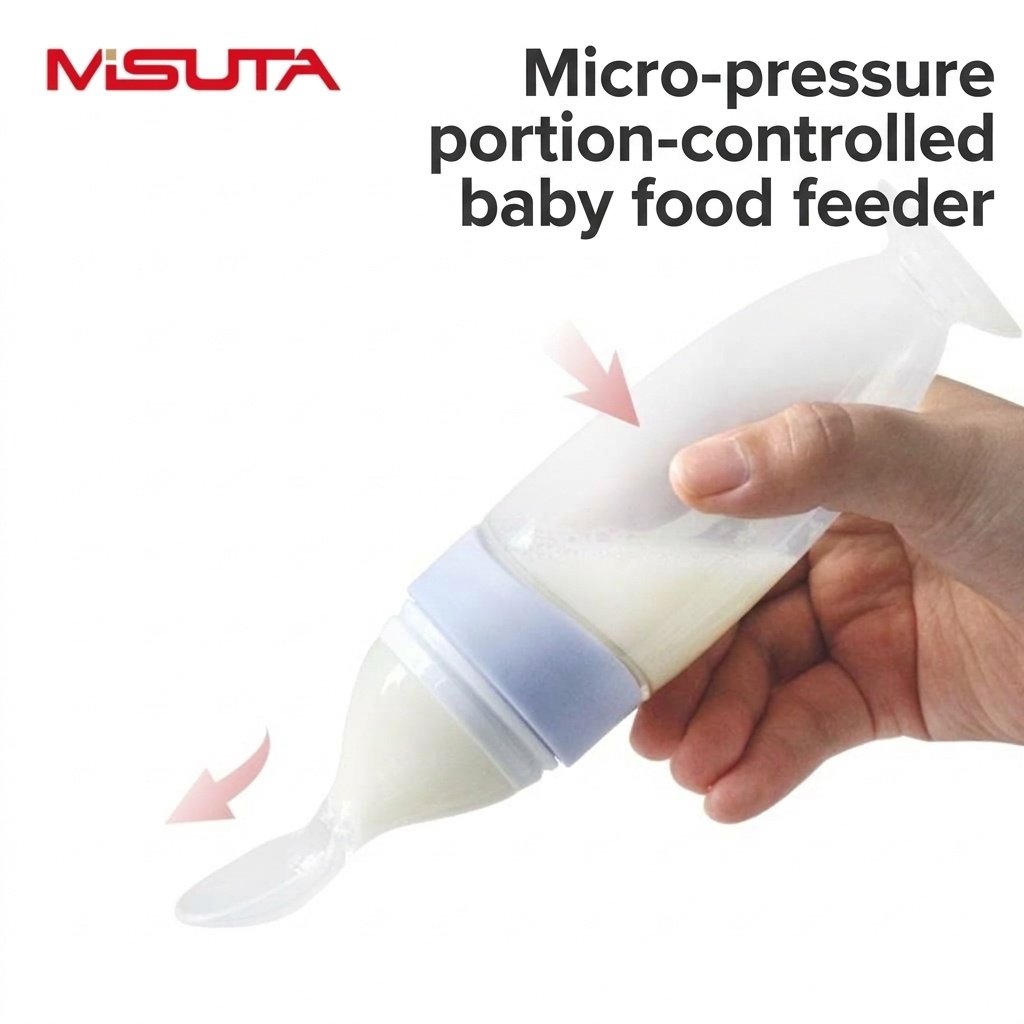 MISUTA Biberon con cucchiaio dosatore per alimenti per neonati, 100 ml, in morbido silicone, con coperchio antipolvere, senza BPA.