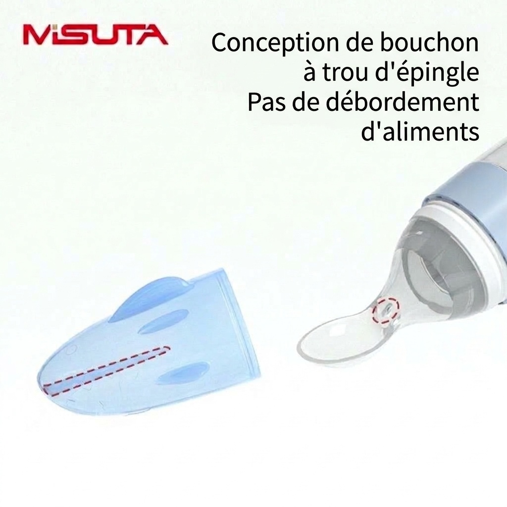 Biberon-cuillère doseuse MISUTA pour aliments pour bébés, 100 ml, en silicone souple, avec couvercle anti-poussière, sans BPA.