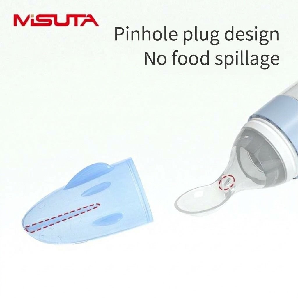 MISUTA Biberon con cucchiaio dosatore per alimenti per neonati, 100 ml, in morbido silicone, con coperchio antipolvere, senza BPA.