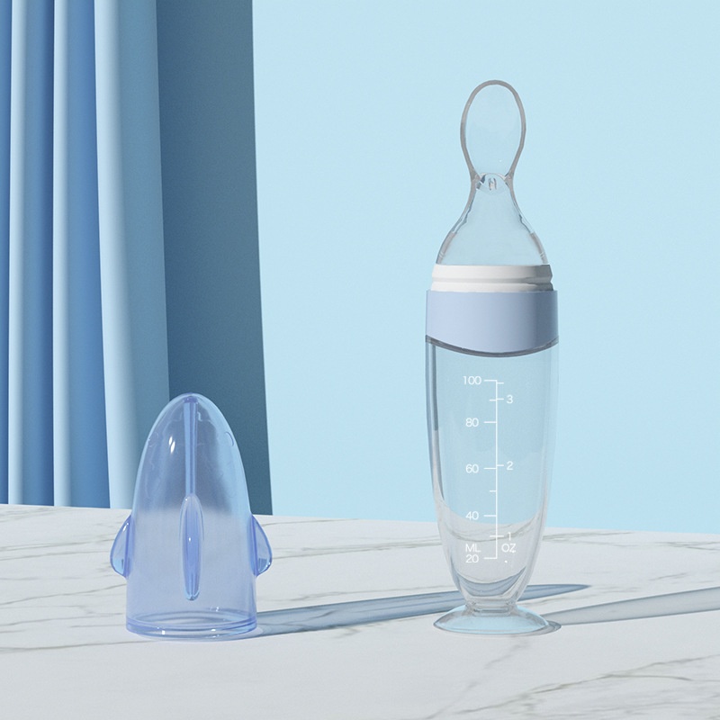 MISUTA Biberon con cucchiaio dosatore per alimenti per neonati, 100 ml, in morbido silicone, con coperchio antipolvere, senza BPA.