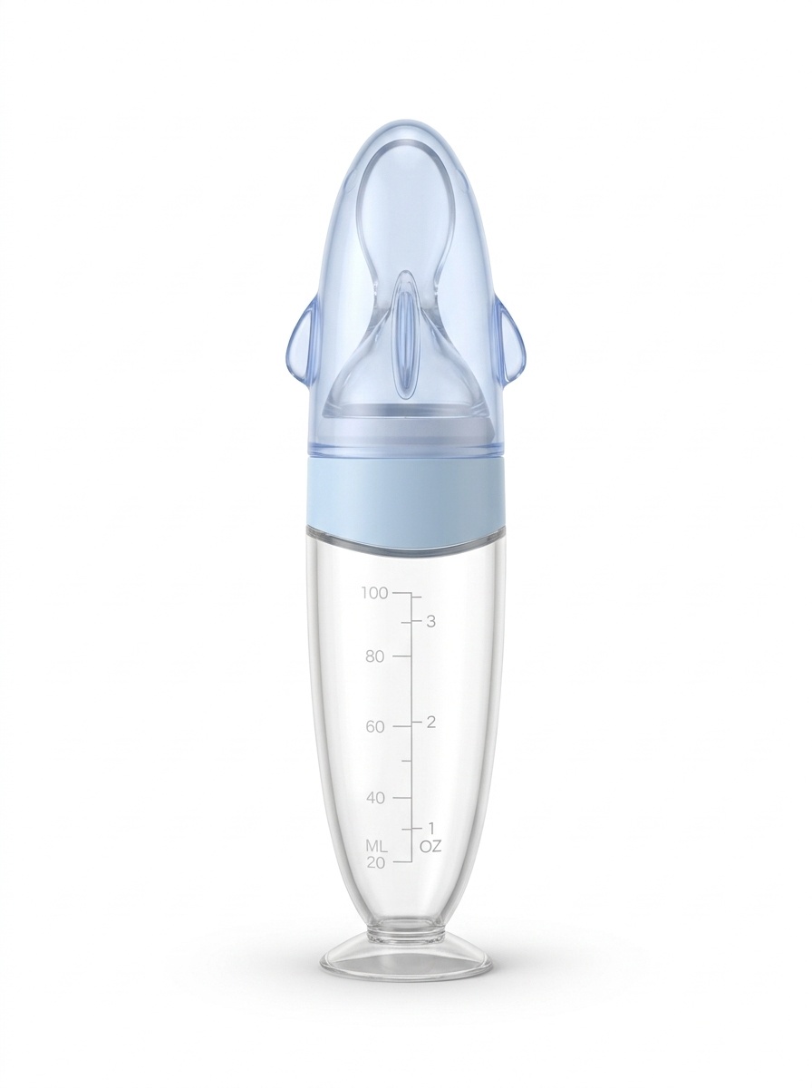 MISUTA Biberon con cucchiaio dosatore per alimenti per neonati, 100 ml, in morbido silicone, con coperchio antipolvere, senza BPA.