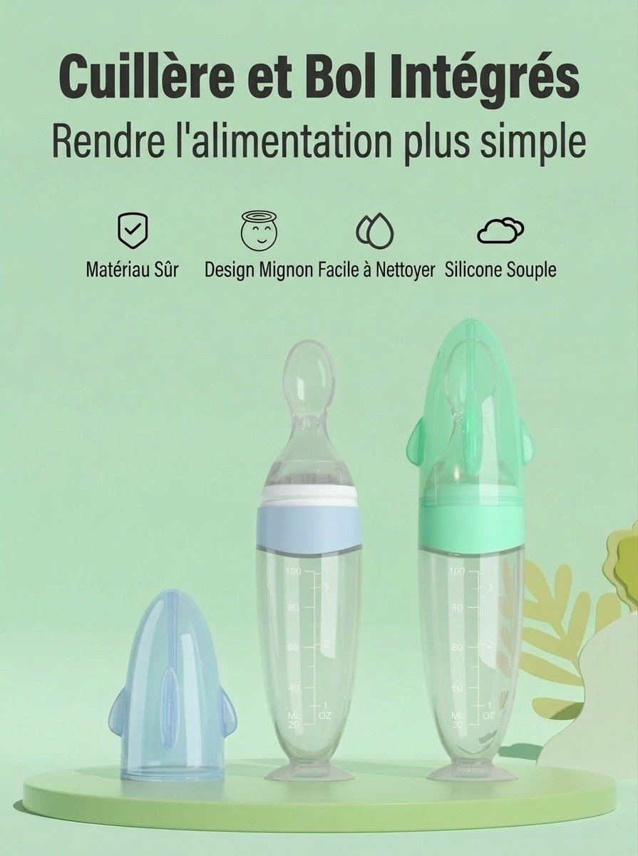 Biberon-cuillère doseuse MISUTA pour aliments pour bébés, 100 ml, en silicone souple, avec couvercle anti-poussière, sans BPA.