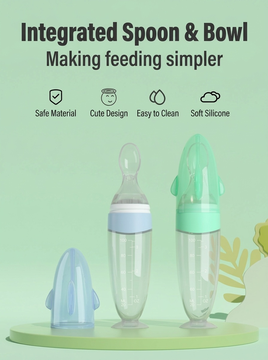 MISUTA Biberon con cucchiaio dosatore per alimenti per neonati, 100 ml, in morbido silicone, con coperchio antipolvere, senza BPA.