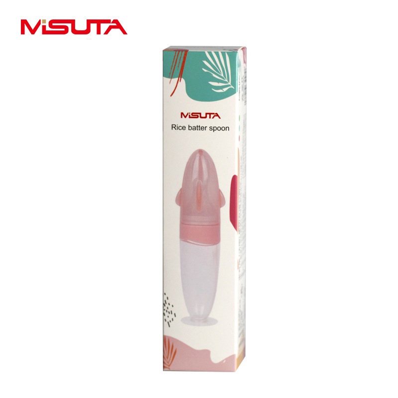 MISUTA Biberon con cucchiaio dosatore per alimenti per neonati, 100 ml, in morbido silicone, con coperchio antipolvere, senza BPA.