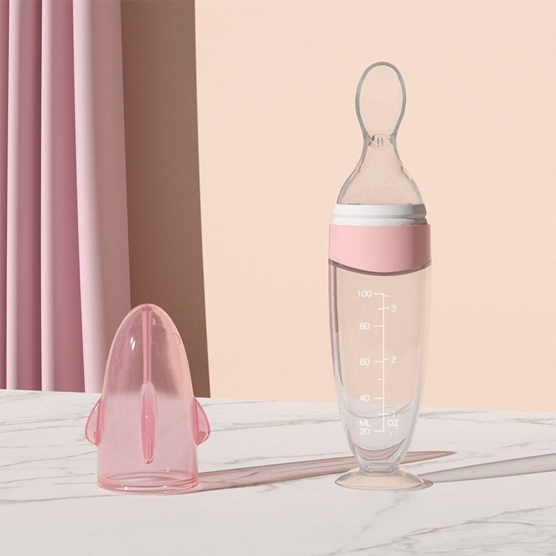 MISUTA Biberon con cucchiaio dosatore per alimenti per neonati, 100 ml, in morbido silicone, con coperchio antipolvere, senza BPA.