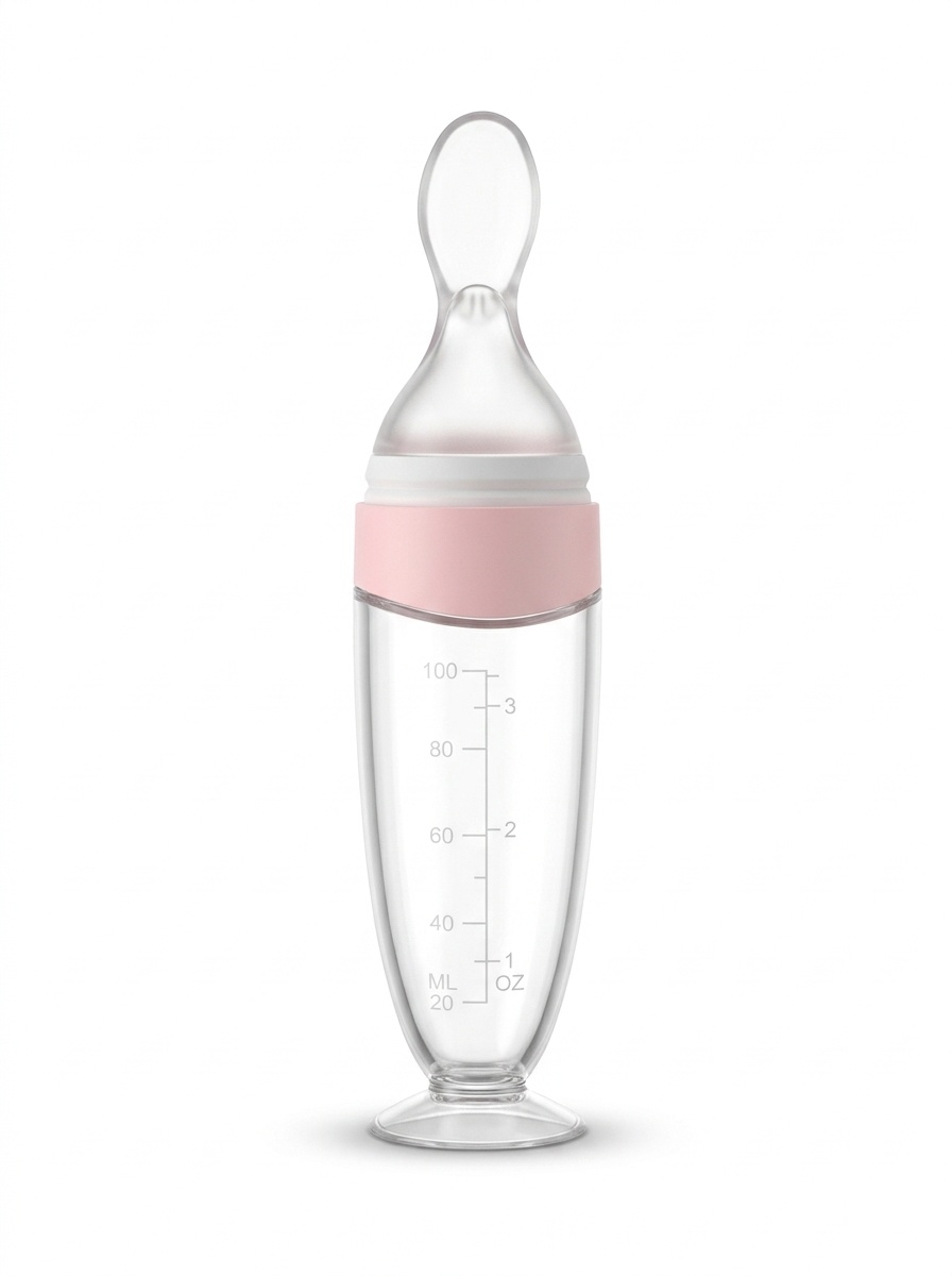 MISUTA Biberon con cucchiaio dosatore per alimenti per neonati, 100 ml, in morbido silicone, con coperchio antipolvere, senza BPA.