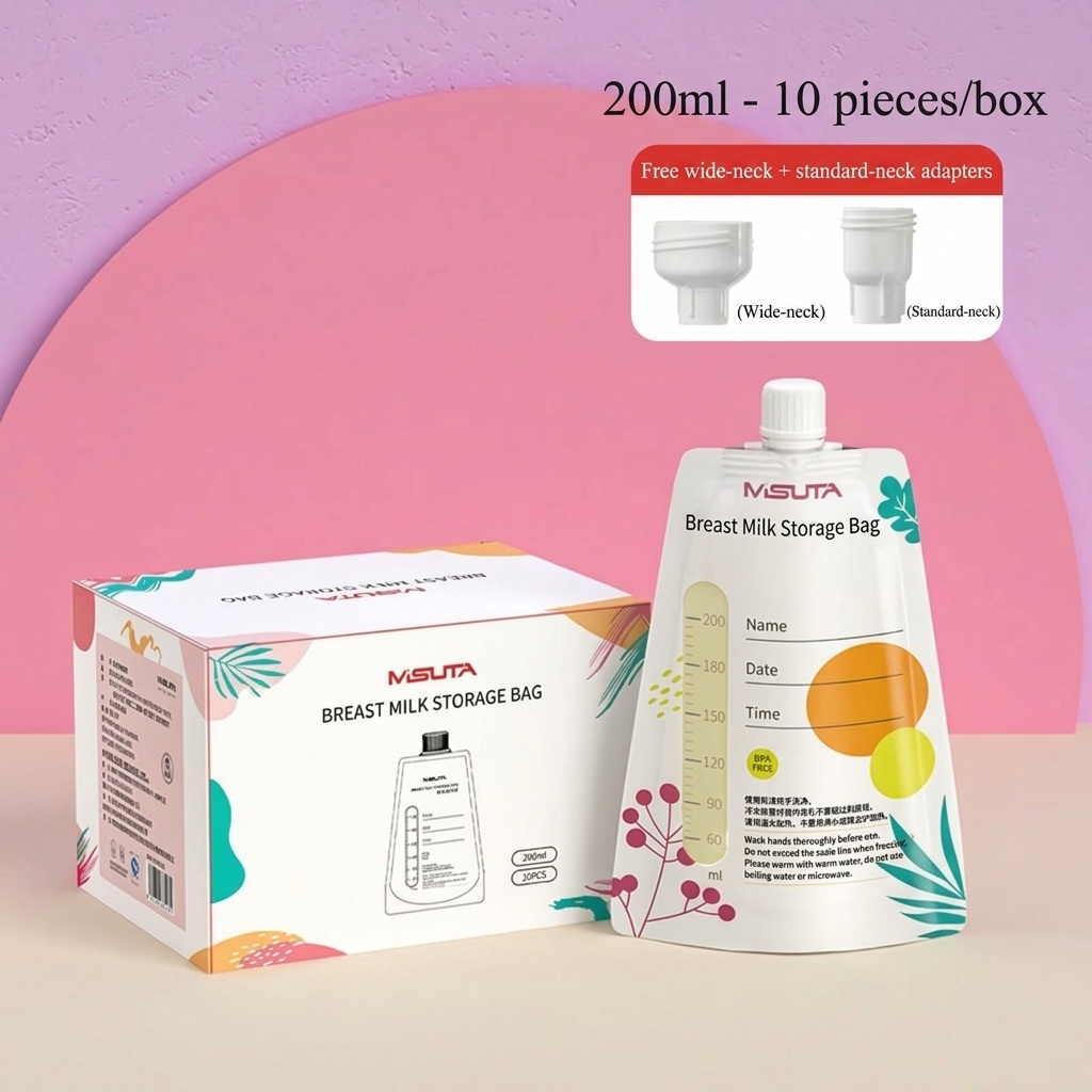 MISUTA Sacchetti per la conservazione del latte materno, pre-sterilizzati, autoportanti, con doppia chiusura a zip, a prova di perdite, adatti al congelatore (confezione da 30, 200 ml)