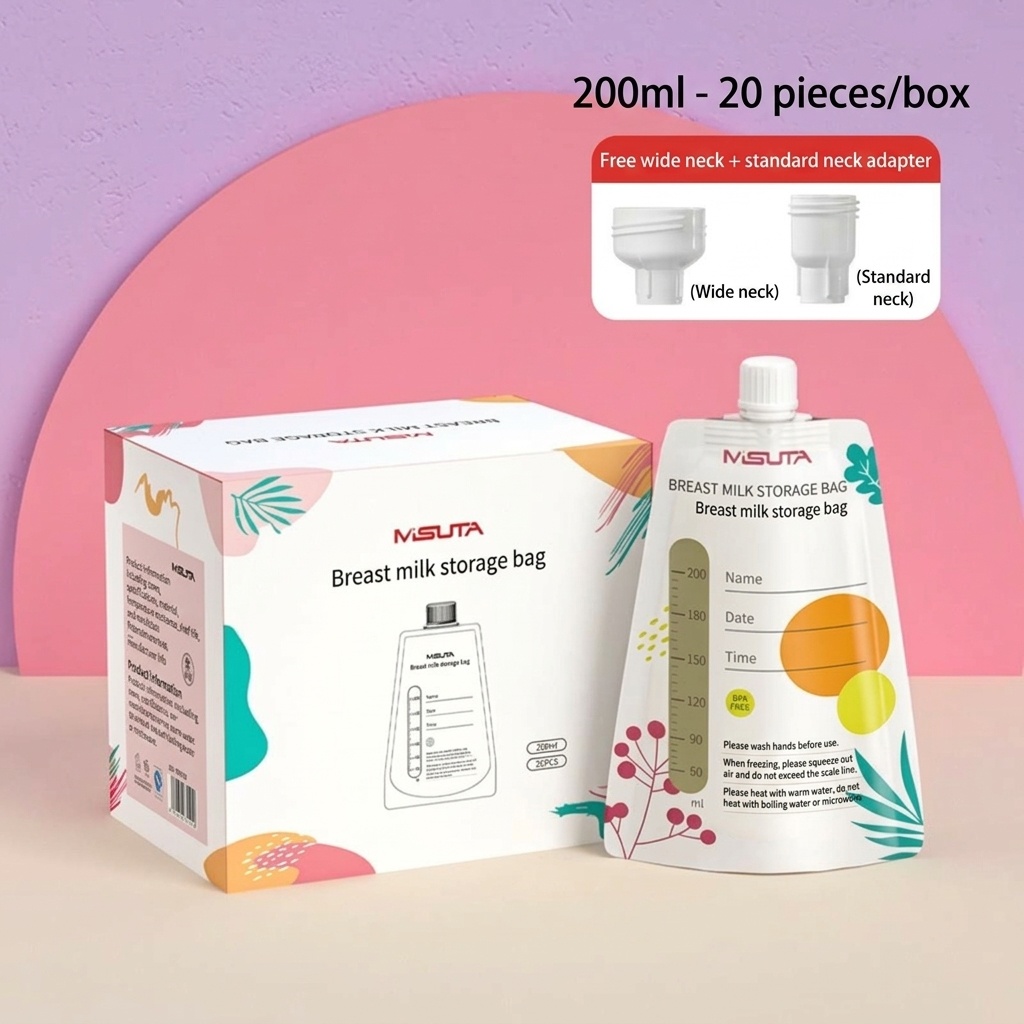 MISUTA Sacchetti per la conservazione del latte materno, pre-sterilizzati, autoportanti, con doppia chiusura a zip, a prova di perdite, adatti al congelatore (confezione da 30, 200 ml)