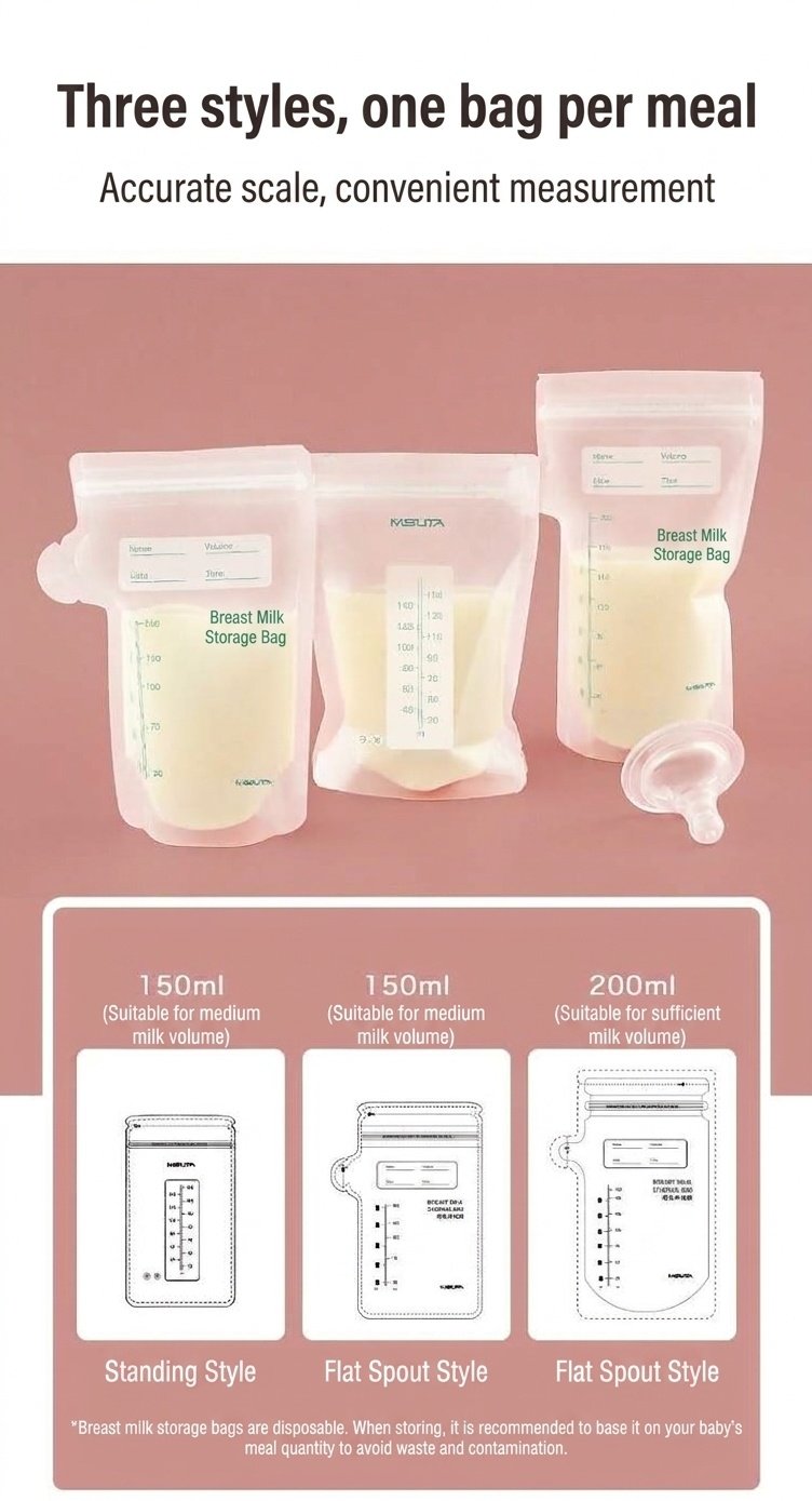 MISUTA Sacchetti per la conservazione del latte materno, pre-sterilizzati, autoportanti, con doppia chiusura a zip, a prova di perdite, adatti al congelatore (confezione da 30, 200 ml)