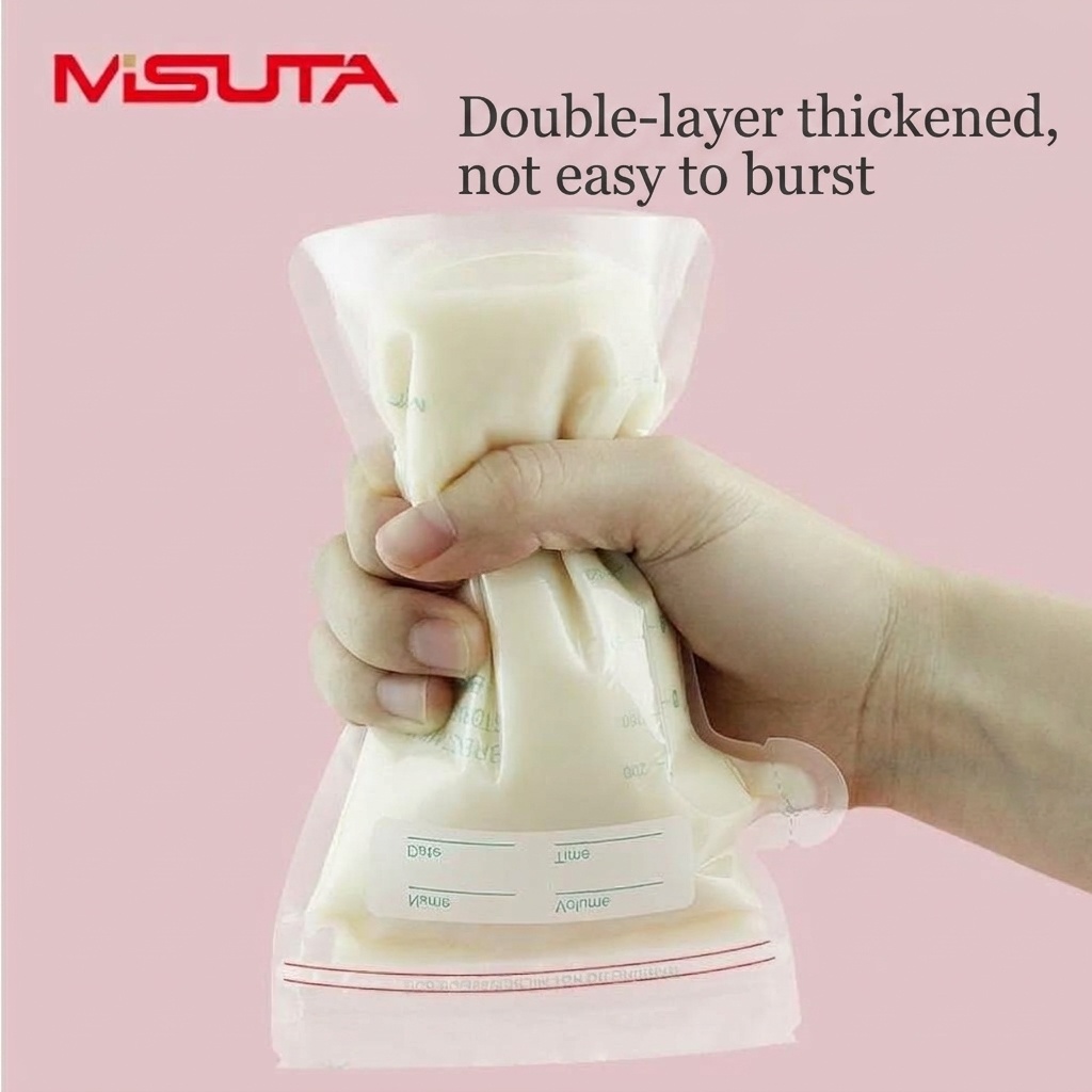 MISUTA Sacchetti per la conservazione del latte materno, pre-sterilizzati, autoportanti, con doppia chiusura a zip, a prova di perdite, adatti al congelatore (confezione da 30, 200 ml)